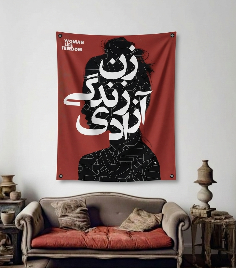 Woman Life Freedom velvet wall tapestry – room mockup showing tapestry hung on bedroom wall
