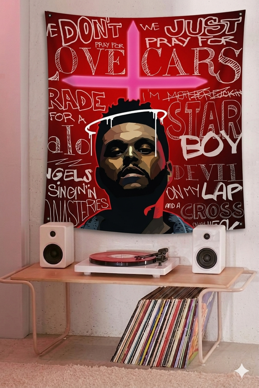 The Weeknd Starboy tapestry mockup on bedroom wall