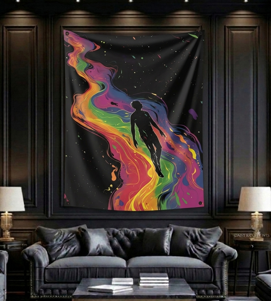 Cosmic soul velvet wall tapestry – room mockup showing tapestry hung on bedroom wall