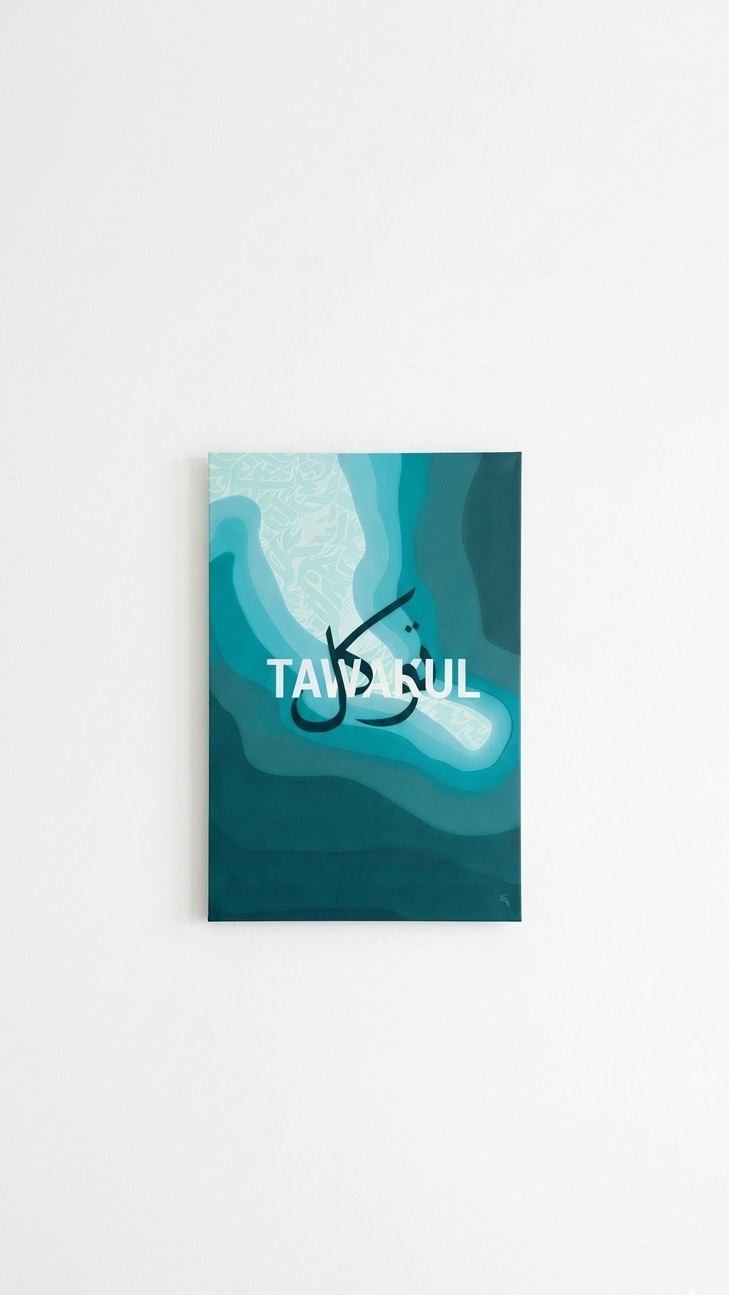 Tawakul Islamic calligraphy velvet wall tapestry – flowing Arabic calligraphy with layered ocean wave design in deep teal flat product view