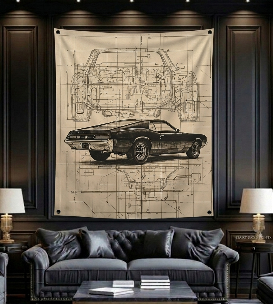 Muscle car blueprint velvet wall tapestry – room mockup showing tapestry hung on office wall