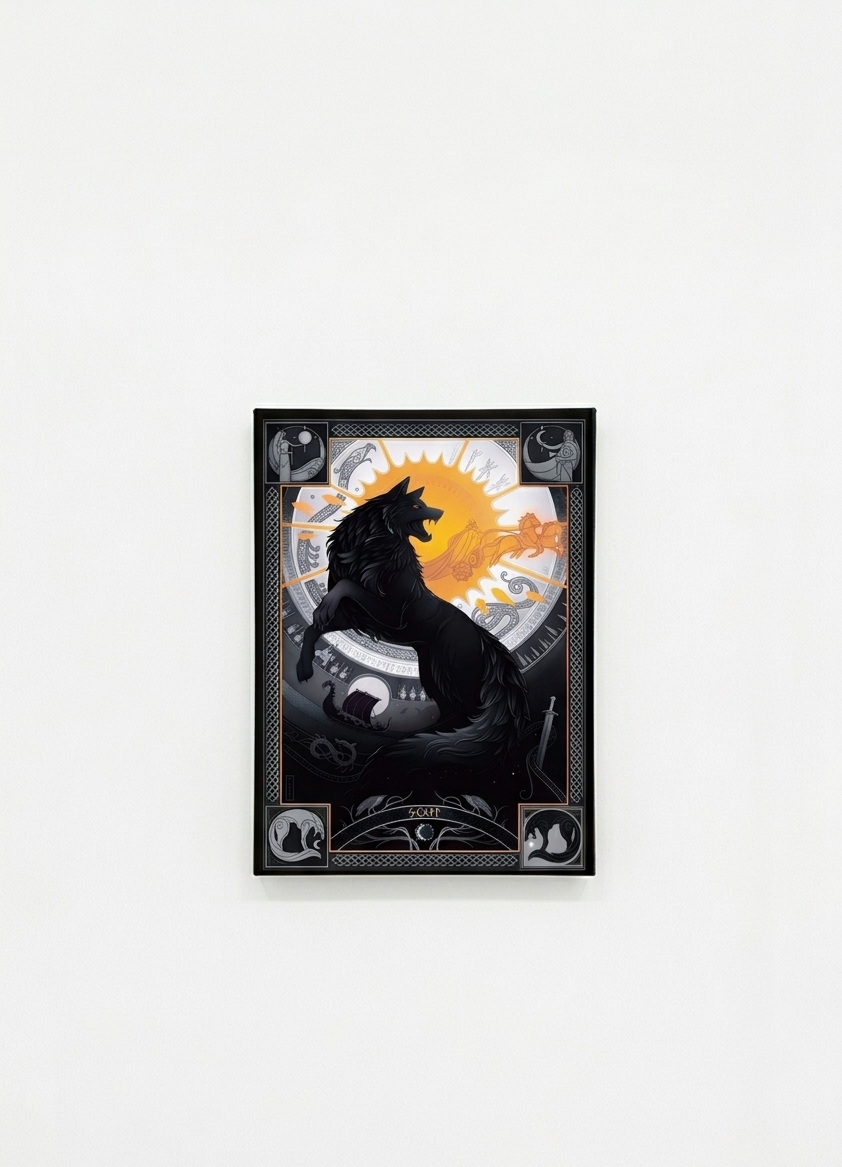 Fenrir wolf velvet wall tapestry – Norse Viking mythology Celtic tarot style wolf illustration flat product view