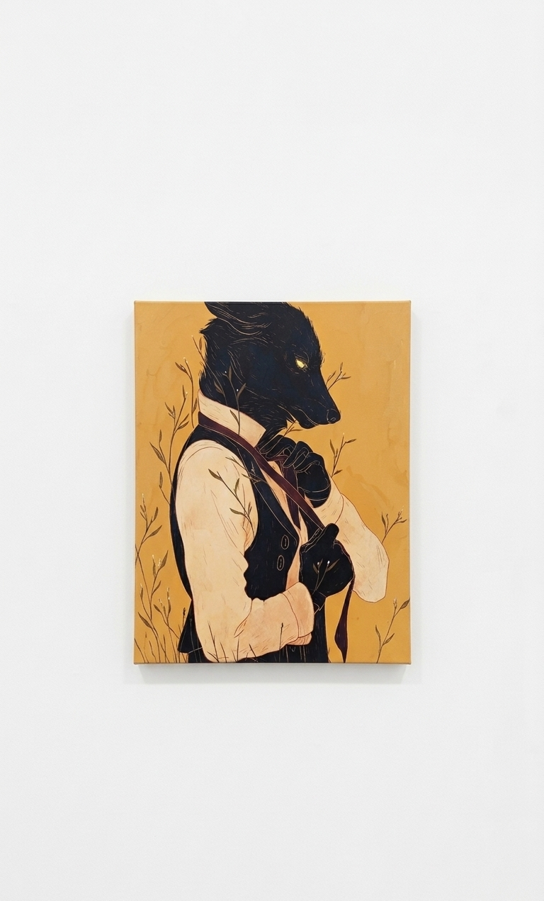 Dapper wolf velvet wall tapestry – folk art illustration of dapper wolf in warm amber tones flat product view