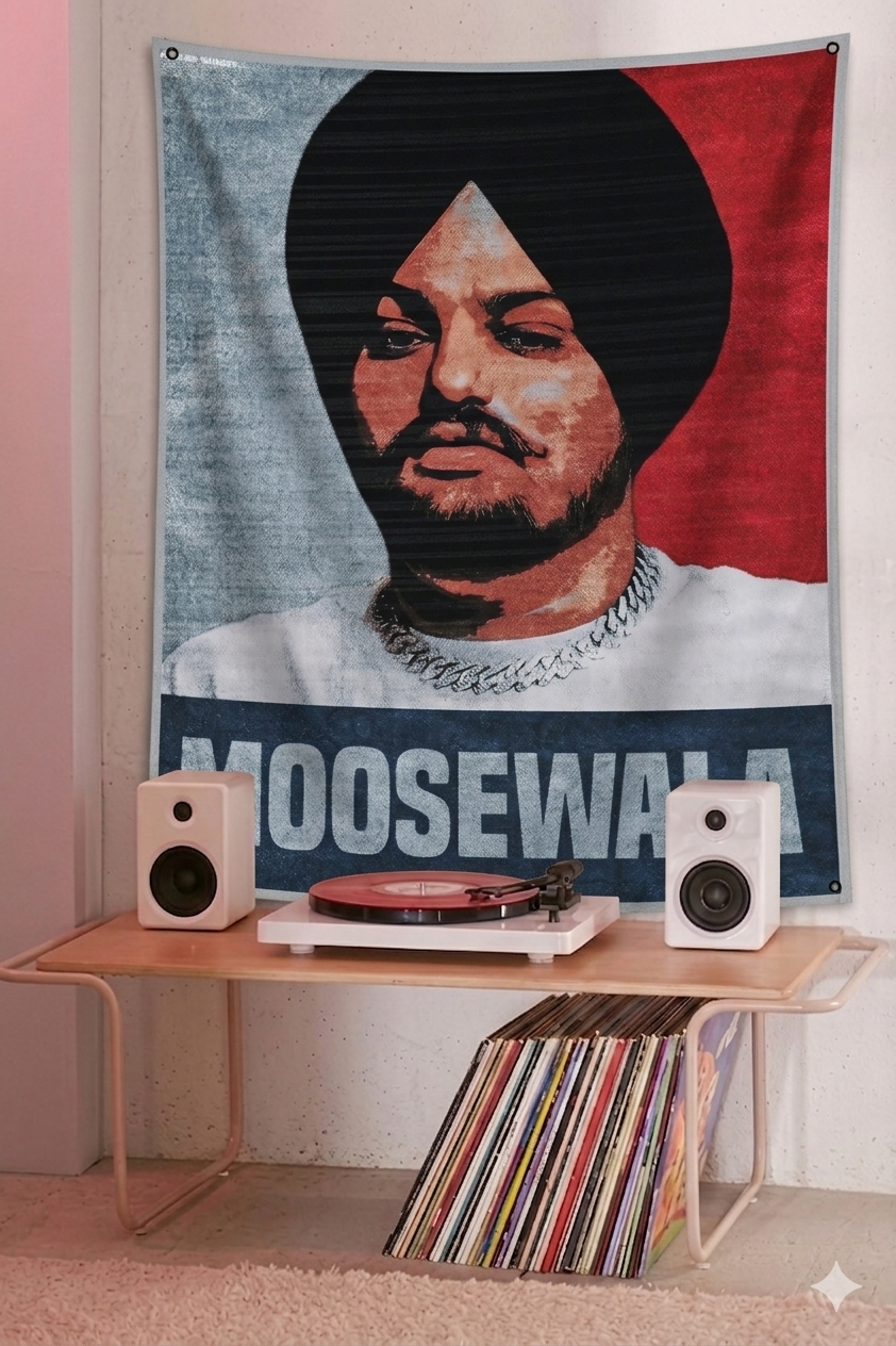 Sidhu Moosewala portrait tapestry mockup on bedroom wall