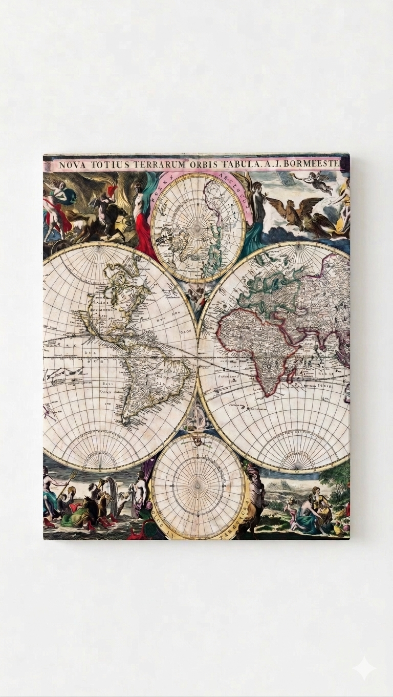 Antique world map velvet wall tapestry – detailed vintage cartography world map flat product view