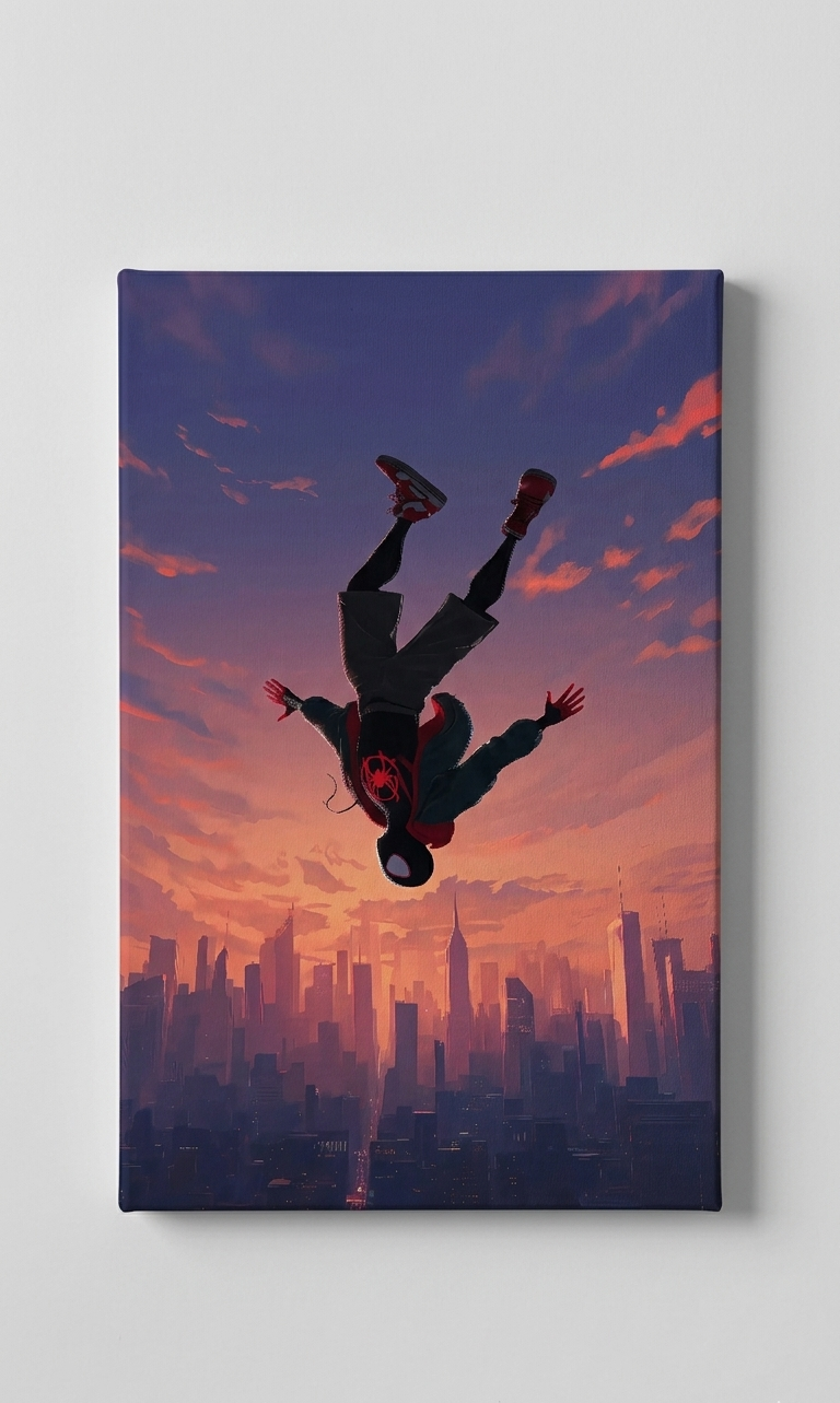 Miles Morales velvet wall tapestry – iconic free-fall leap with hoodie on city skyline below and burnt orange deep purple sunset gradient sky