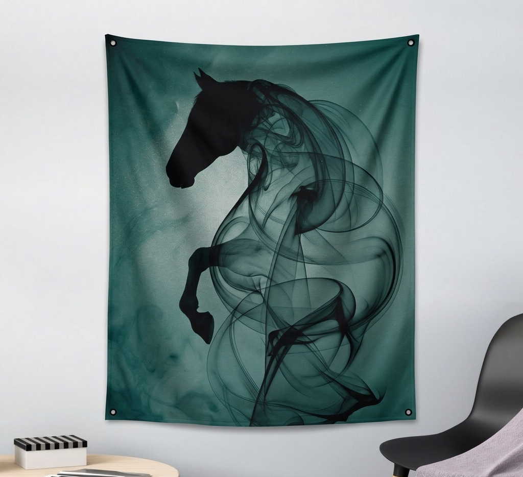 Smoke horse velvet wall tapestry – room mockup showing tapestry hung on bedroom wall