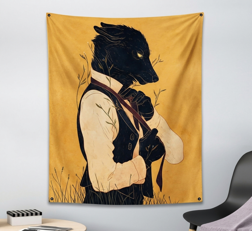 Dapper wolf velvet wall tapestry – room mockup showing tapestry hung on bedroom wall