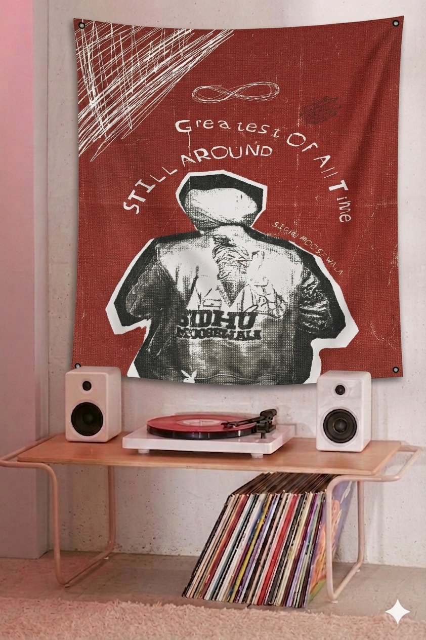 Sidhu Moosewala GOAT tapestry mockup on bedroom wall
