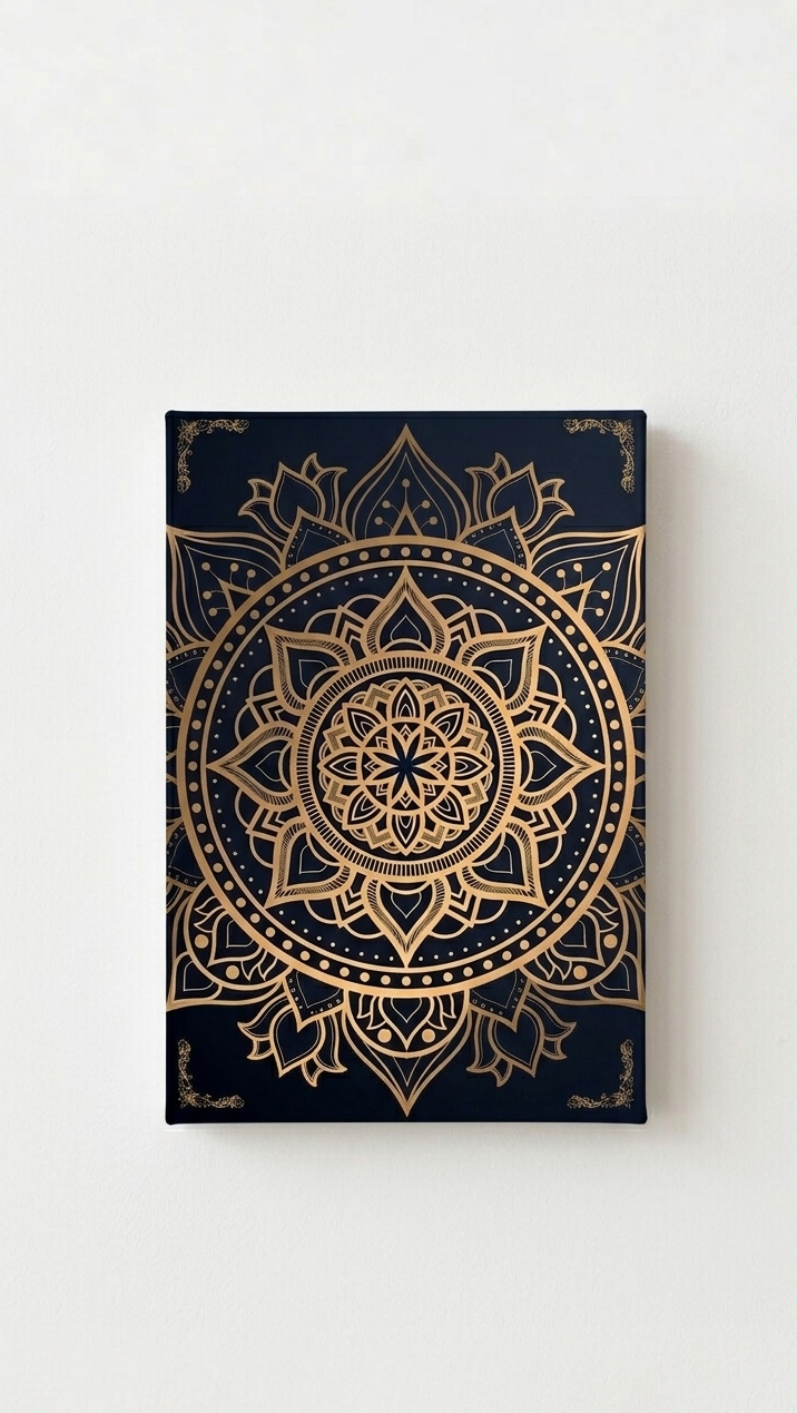 Navy gold mandala velvet wall tapestry – intricate gold mandala on deep navy background flat product view
