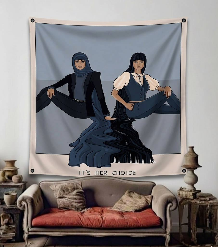 It's Her Choice velvet wall tapestry – room mockup showing tapestry hung on bedroom wall