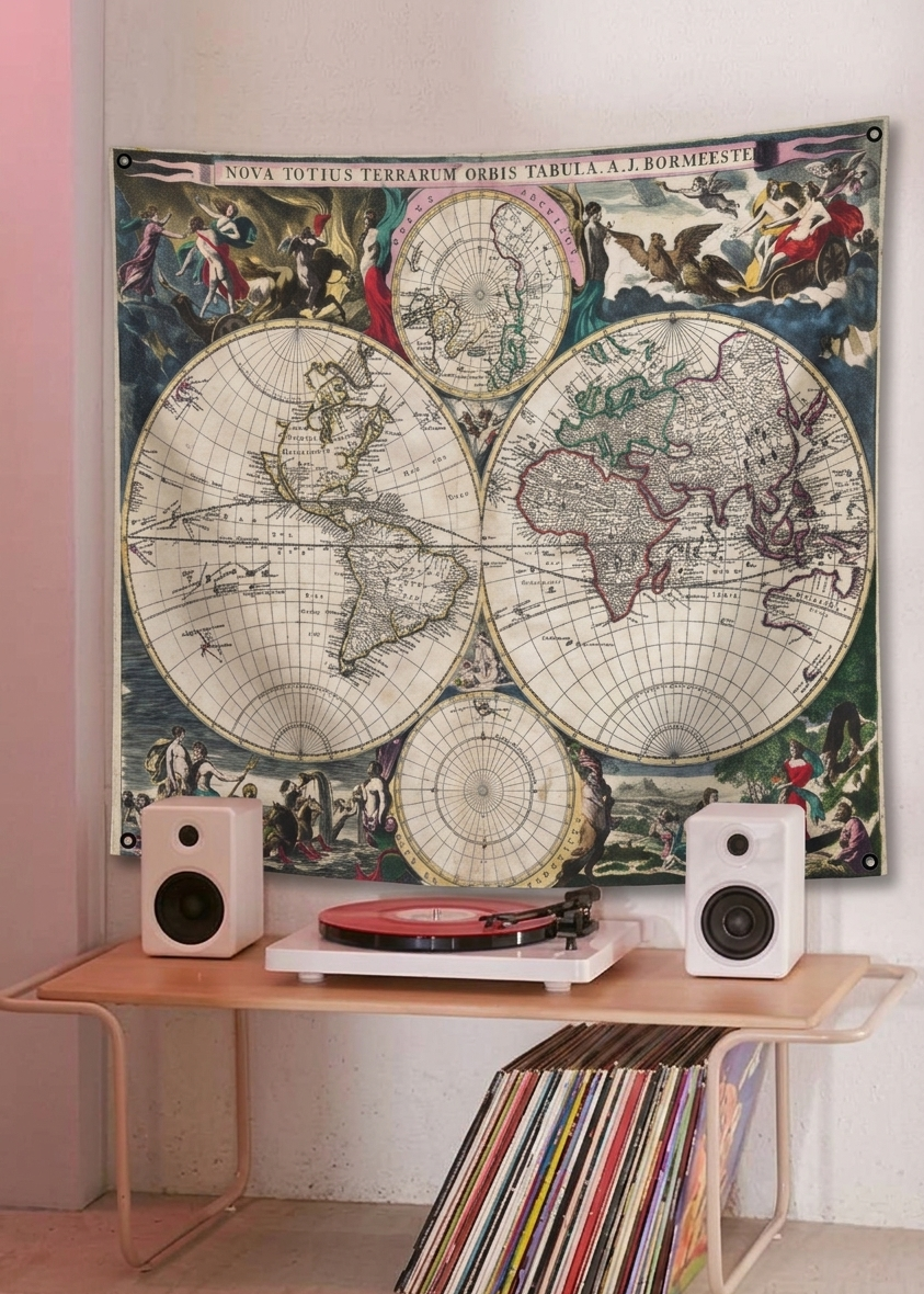 Antique world map velvet wall tapestry – room mockup showing tapestry hung on living room wall