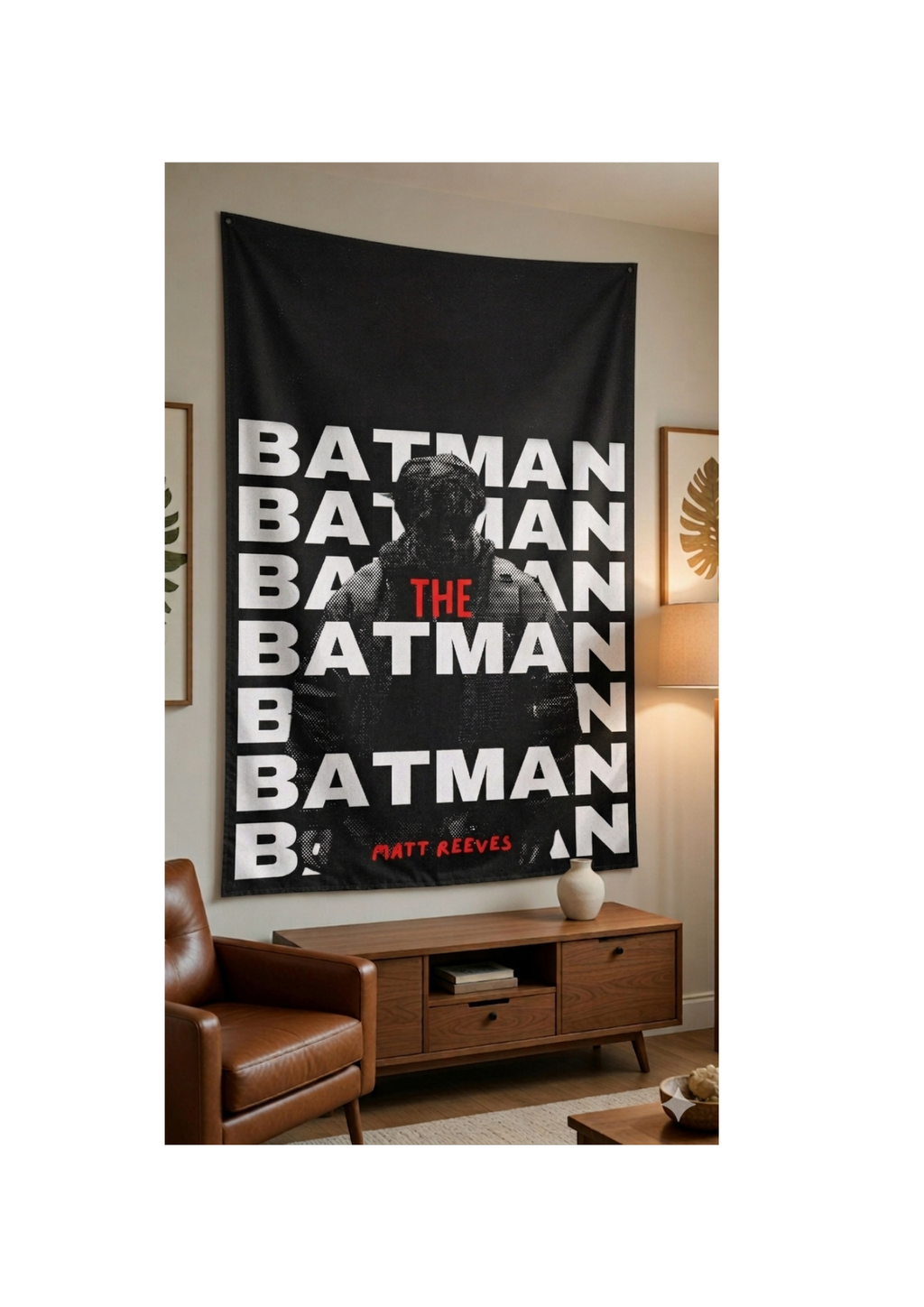 The Batman velvet wall tapestry – Matt Reeves 2022 typographic DC film art mockup on bedroom wall