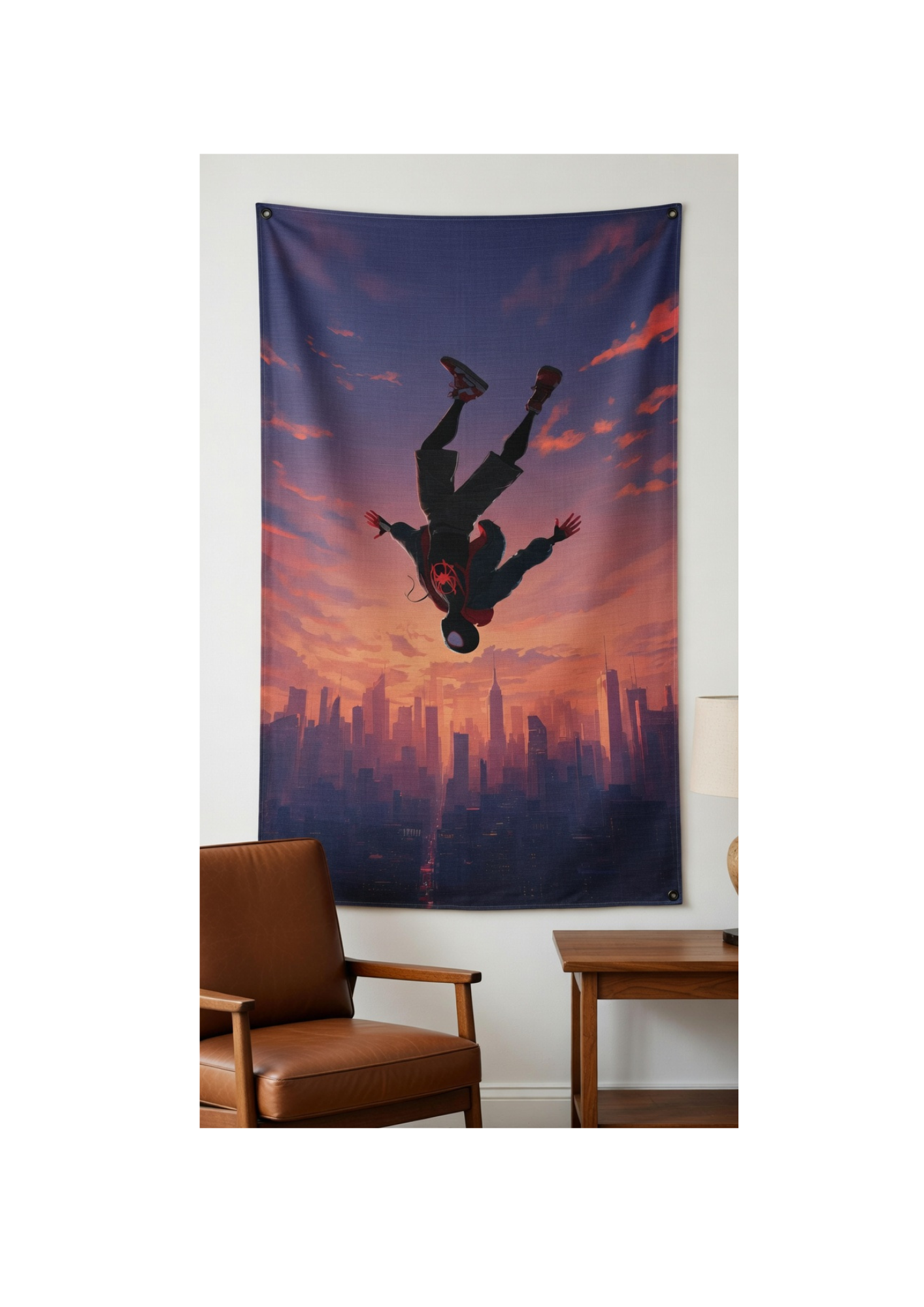Miles Morales velvet wall tapestry – cinematic Spider-Verse sunset art mockup on bedroom wall