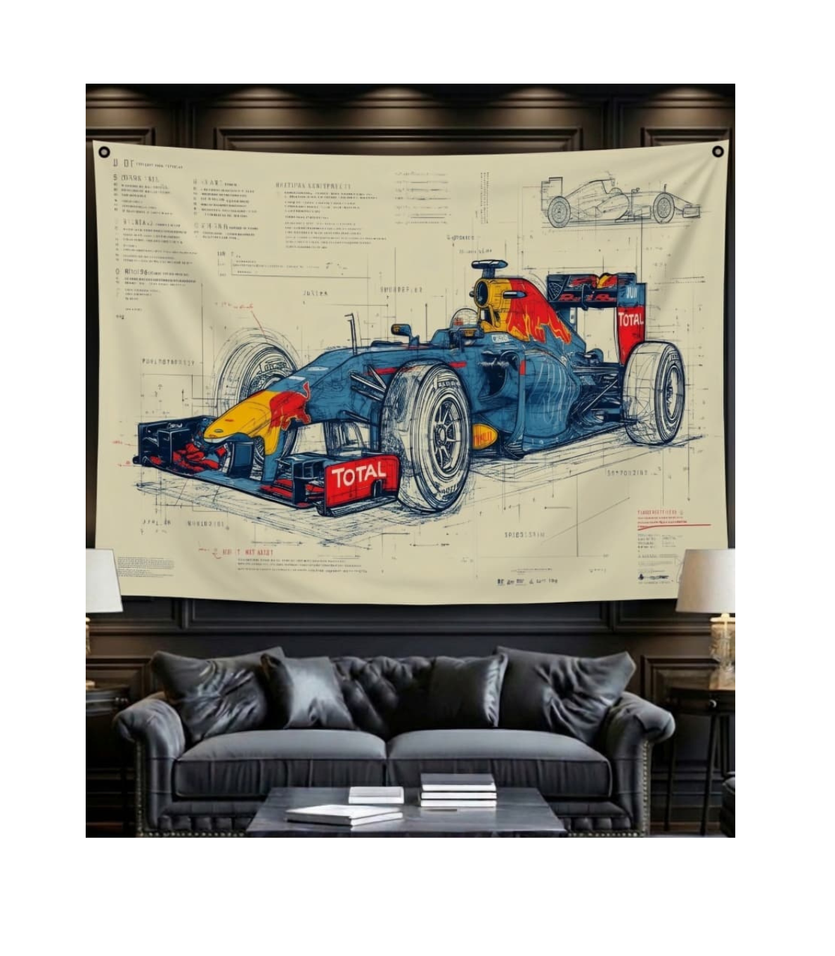 F1 Red Bull blueprint velvet wall tapestry – room mockup showing tapestry hung on bedroom wall