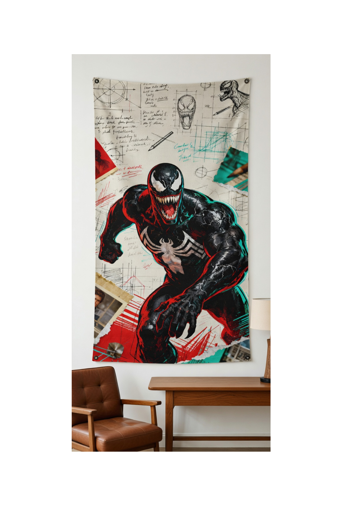 Venom velvet wall tapestry – sketchbook concept art mockup on living room wall with brown leather chair