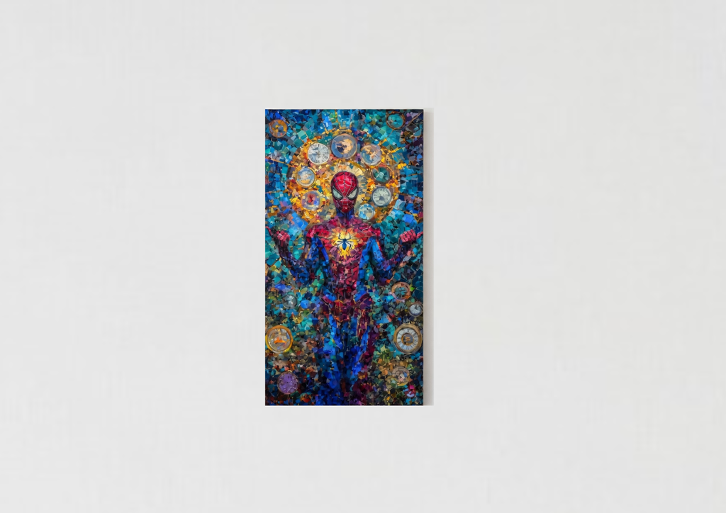 Spider-Man mosaic velvet wall tapestry – stained-glass mosaic in blue teal red and gold with glowing spider symbol and clock faces