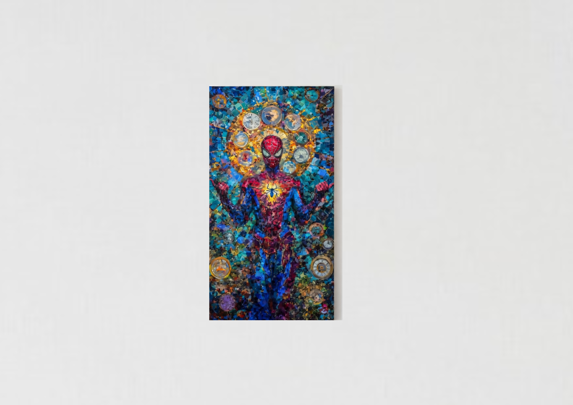 Spider-Man mosaic velvet wall tapestry – stained-glass mosaic in blue teal red and gold with glowing spider symbol and clock faces
