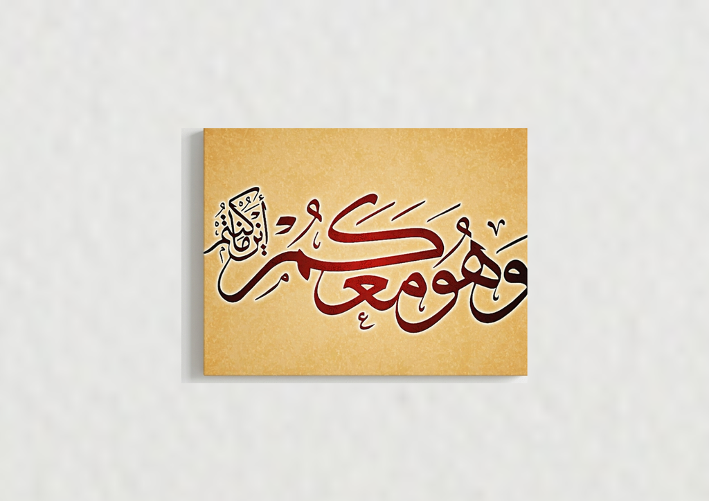 Wa Huwa Maakum velvet wall tapestry – deep red Arabic calligraphy on warm parchment background flat product view