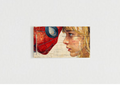 Spider-Man and Gwen velvet wall tapestry – split frame with Spider-Man red mask and Gwen portrait in watercolor-meets-blueprint style over aged technical drawings