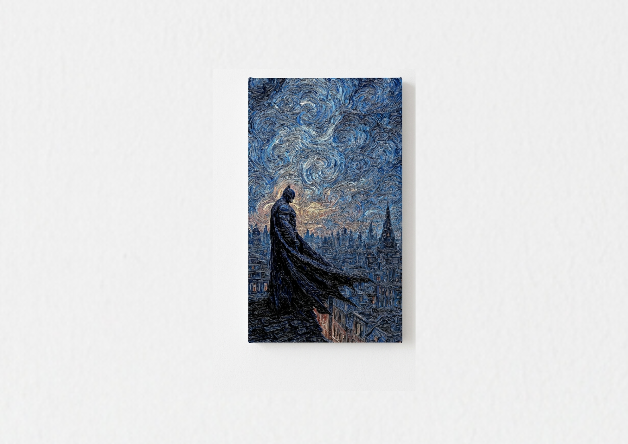 Batman Starry Night velvet wall tapestry – Van Gogh swirling cobalt blues and golden spirals with Batman cape silhouette over Gotham