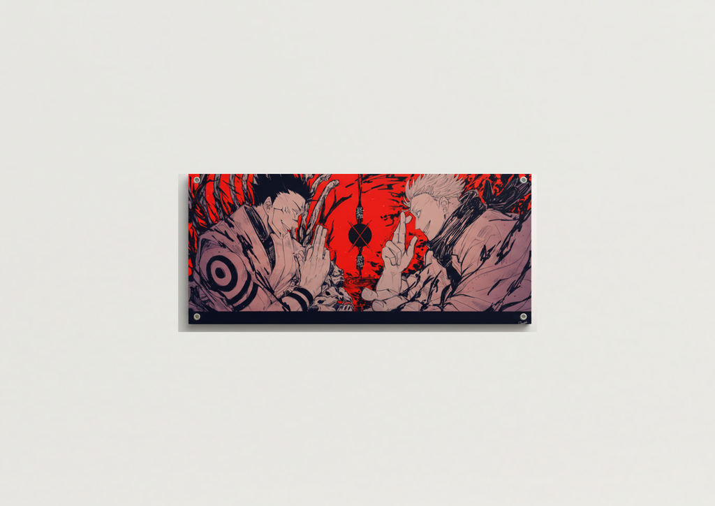 Jujutsu Kaisen velvet wall tapestry – dynamic figure mid-technique in red robes against textured earth and gold abstract painterly background