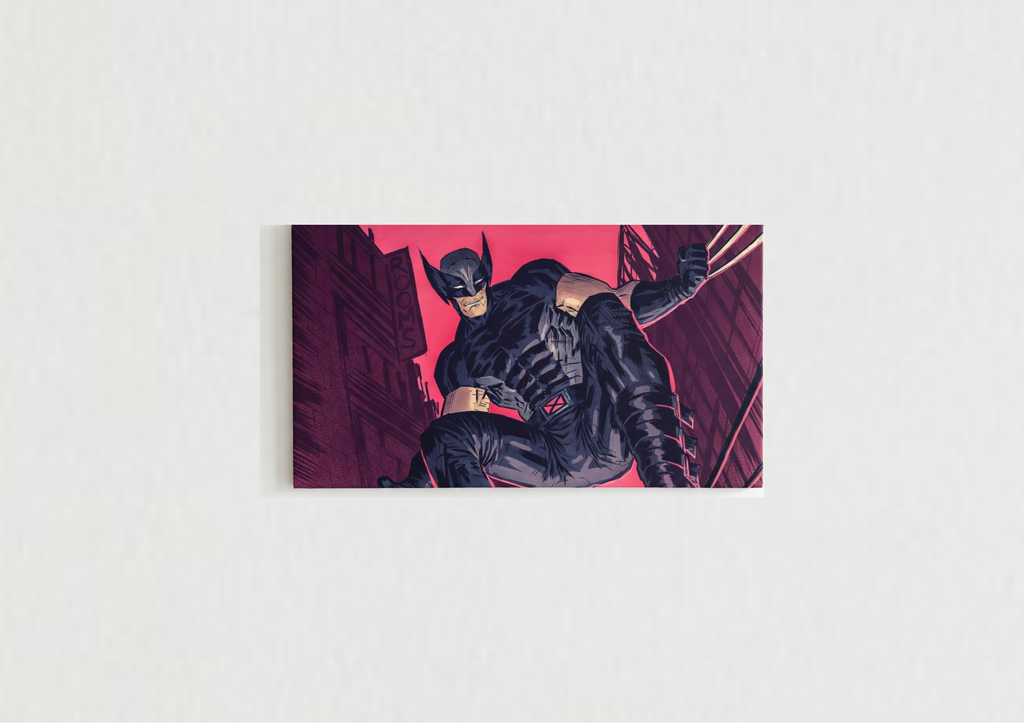 Wolverine comic art velvet wall tapestry – Logan mid-action in dynamic red and pink X-Men comic panel style