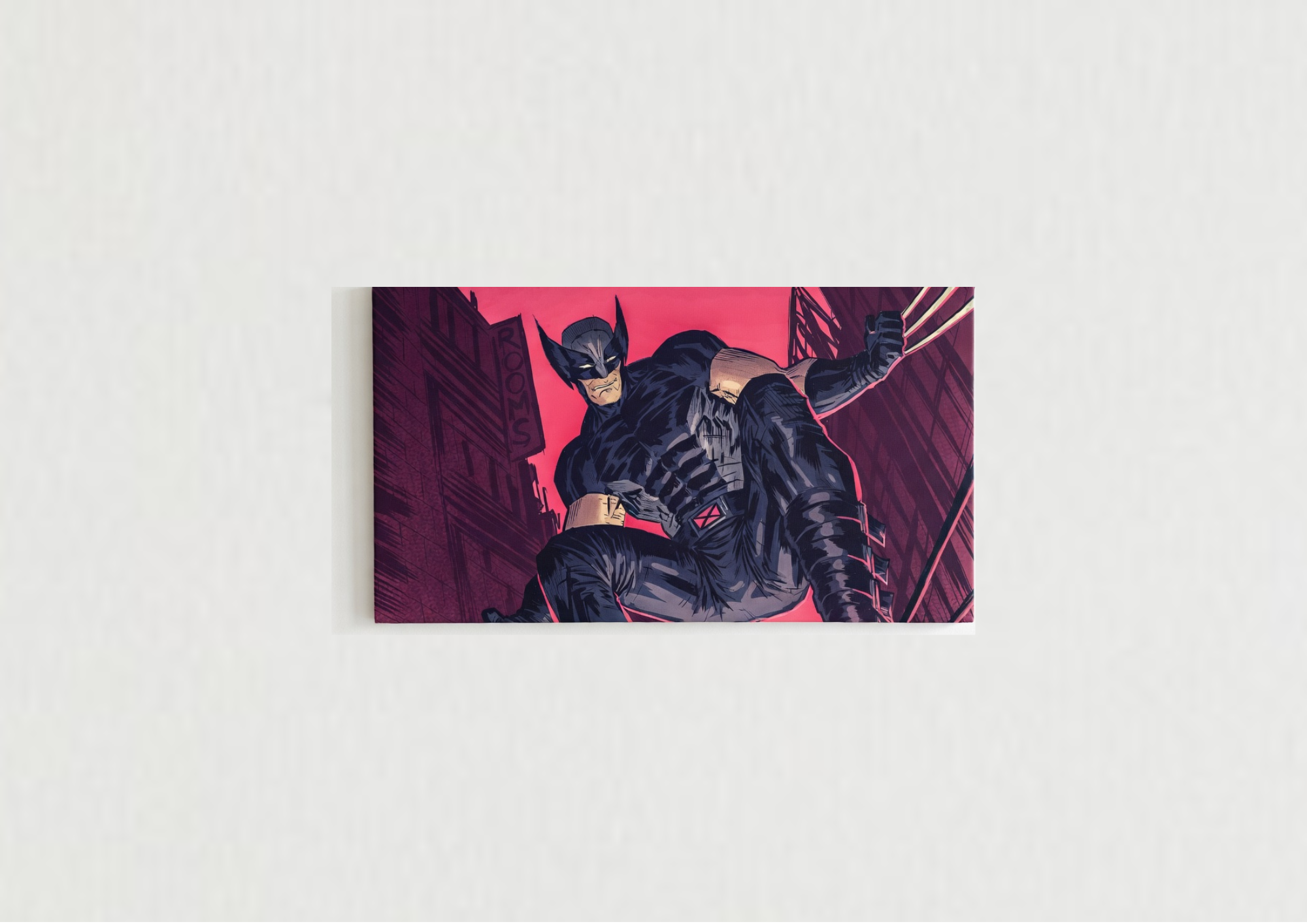 Wolverine comic art velvet wall tapestry – Logan mid-action in dynamic red and pink X-Men comic panel style