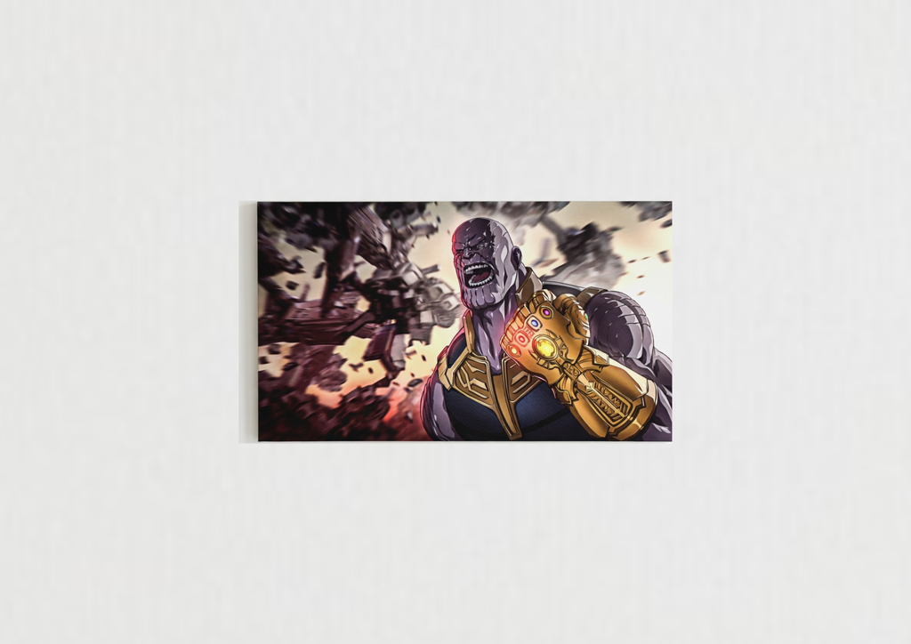 Thanos velvet wall tapestry – Mad Titan mid-destruction with Infinity Gauntlet raised in vivid purple orange and blue comic art