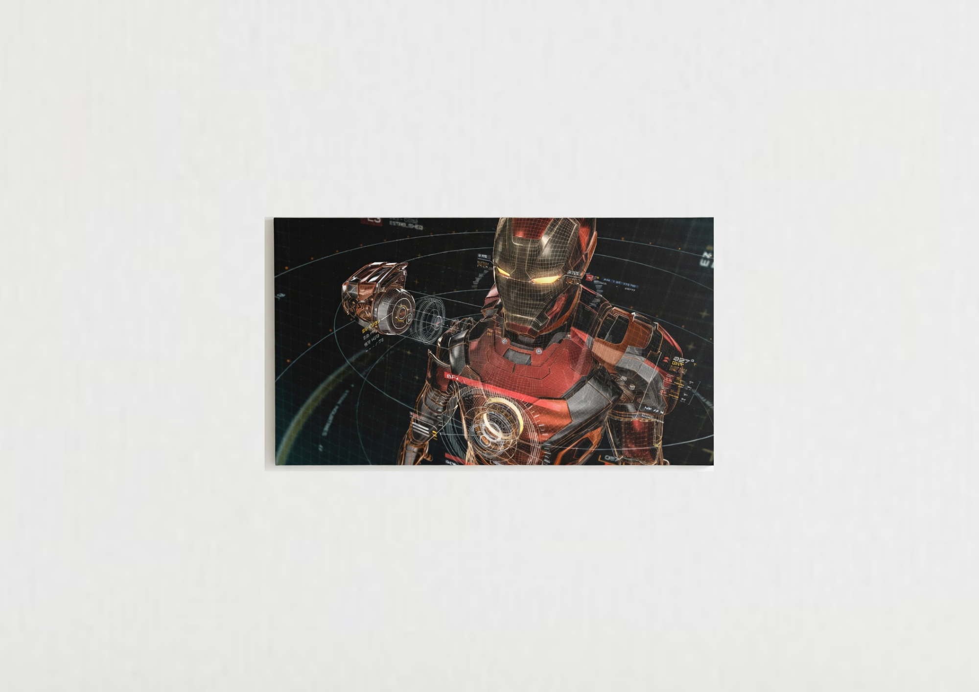 Iron Man HUD velvet wall tapestry – Tony Stark armor in technical detail with holographic HUD overlays wireframe schematics and targeting systems on deep black