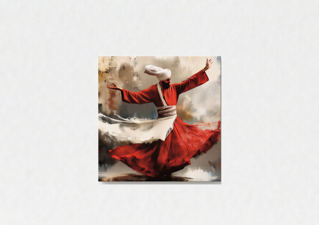 Sufi dervish velvet wall tapestry – painterly figure in flowing red robes mid-sema on textured earth and gold background flat product view