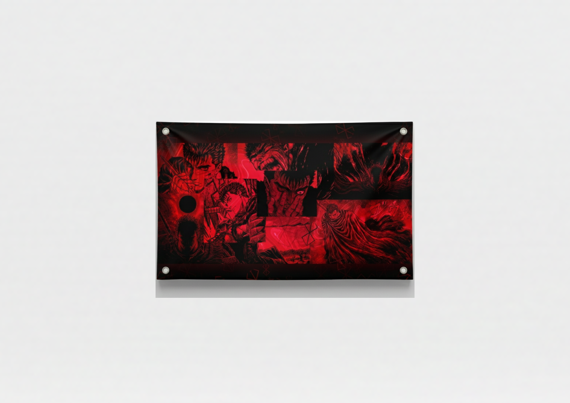 Berserk Dark Fantasy velvet wall tapestry – deep crimson and black chaos with demons cursed panels and raw Berserk horror manga energy