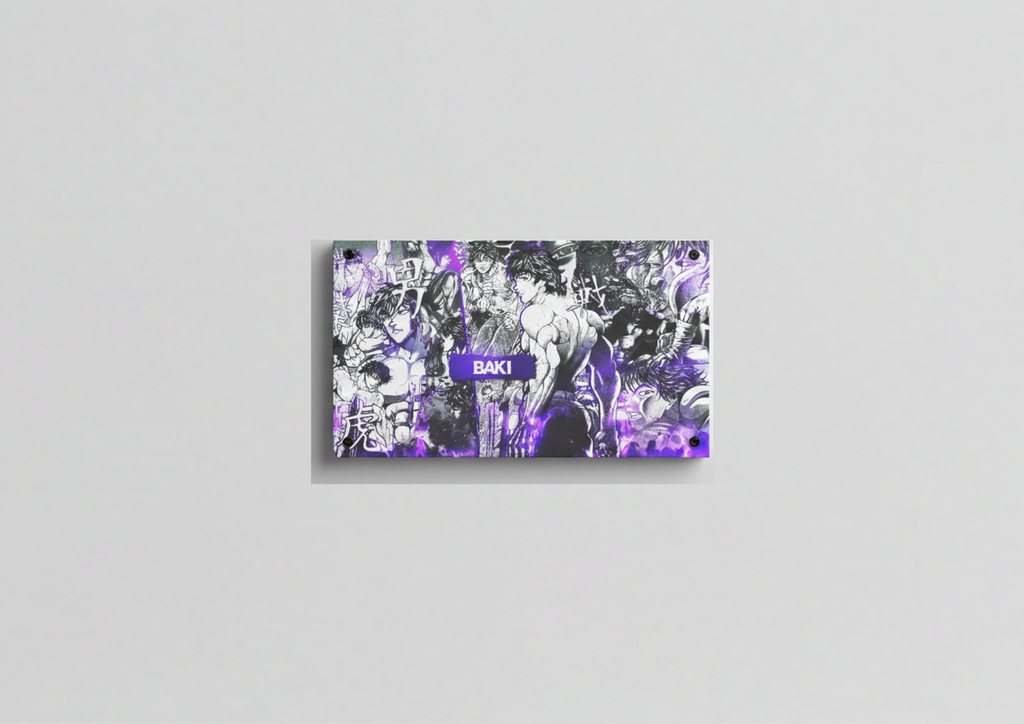 Baki Hanma velvet wall tapestry – fight panel collage of muscle and chaos drenched in deep purple and black with Baki name cutting through center