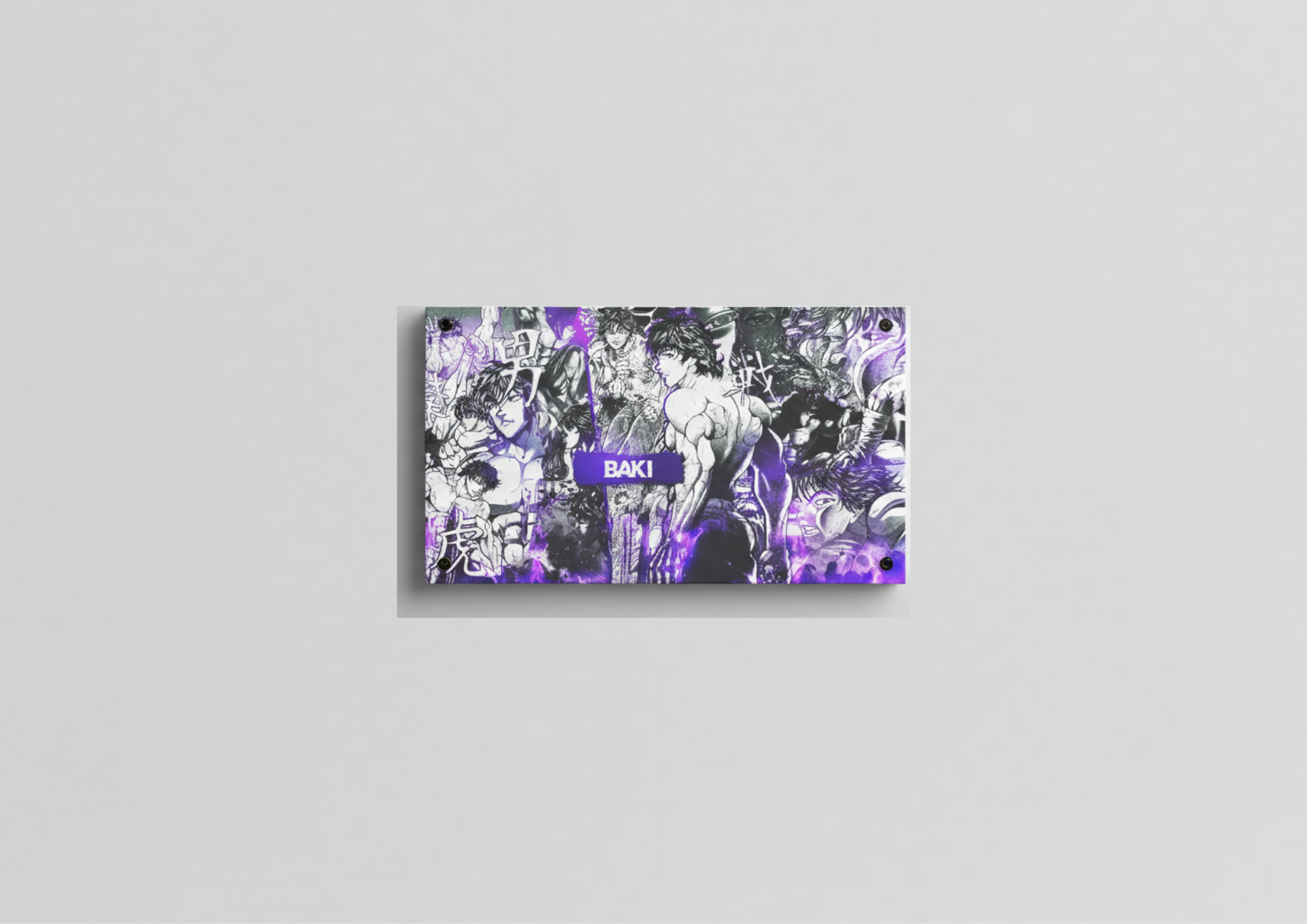 Baki Hanma velvet wall tapestry – fight panel collage of muscle and chaos drenched in deep purple and black with Baki name cutting through center