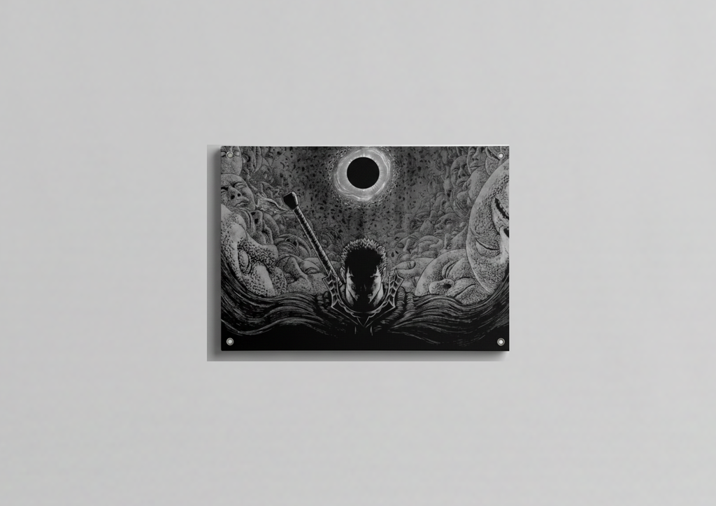 Berserk Guts Eclipse velvet wall tapestry – Guts standing against the black sun eclipse surrounded by chaos in stark monochrome Miura linework