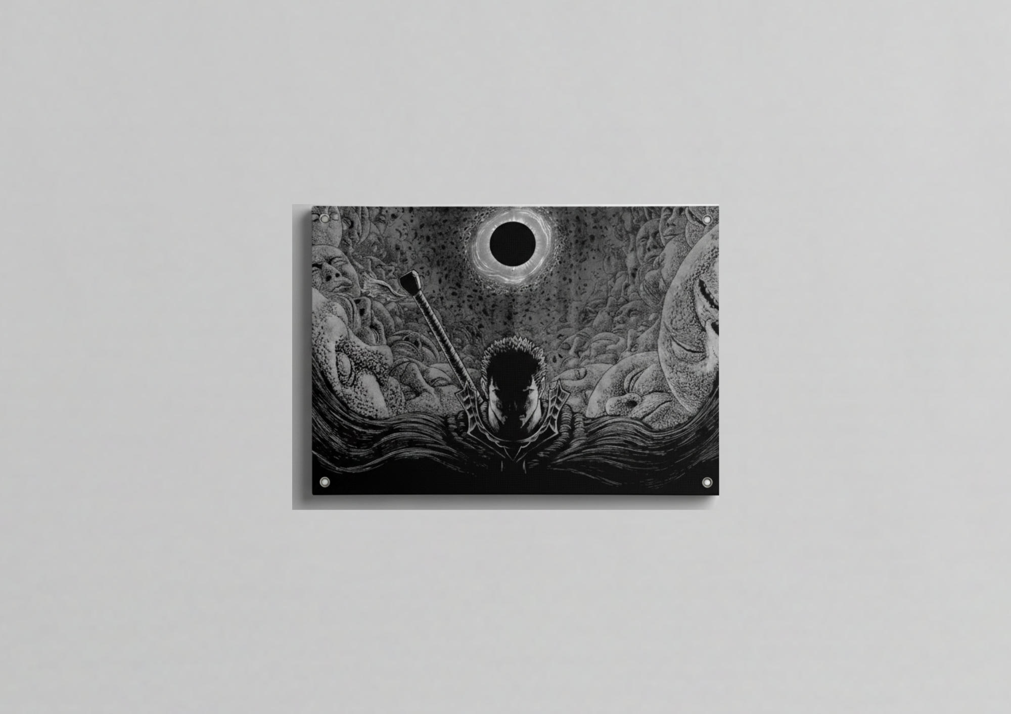 Berserk Guts Eclipse velvet wall tapestry – Guts standing against the black sun eclipse surrounded by chaos in stark monochrome Miura linework