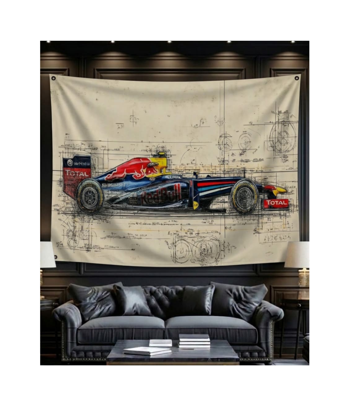 F1 Red Bull side profile blueprint velvet wall tapestry – room mockup showing tapestry hung on bedroom wall