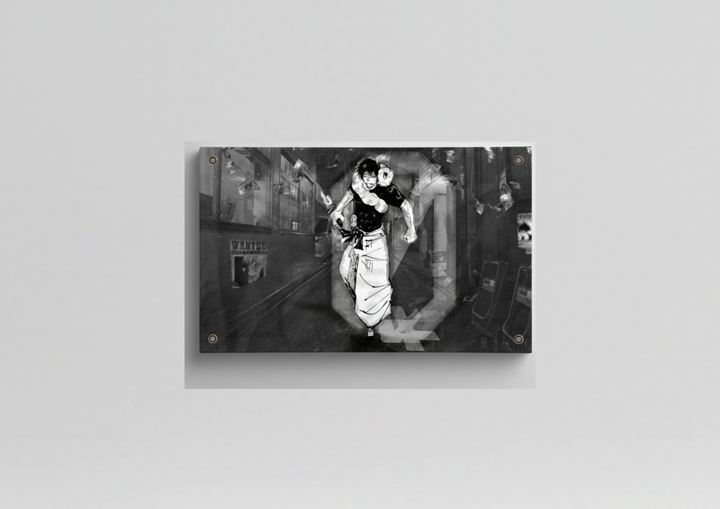 Toji Fushiguro velvet wall tapestry – Sorcerer Killer in raw black and white manga linework with urban alley backdrop and wanted posters