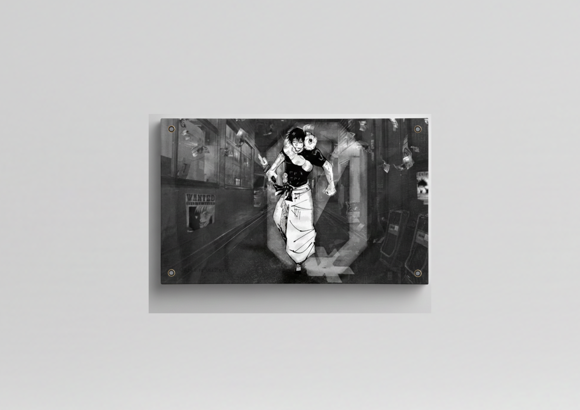 Toji Fushiguro velvet wall tapestry – Sorcerer Killer in raw black and white manga linework with urban alley backdrop and wanted posters