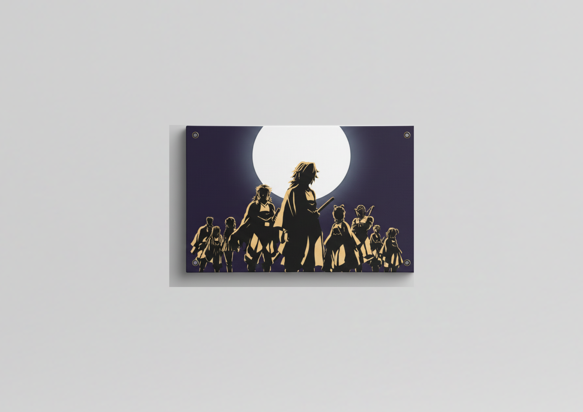 Demon Slayer Hashira Silhouette velvet wall tapestry – full Hashira corps silhouetted against glowing full moon in deep navy and gold
