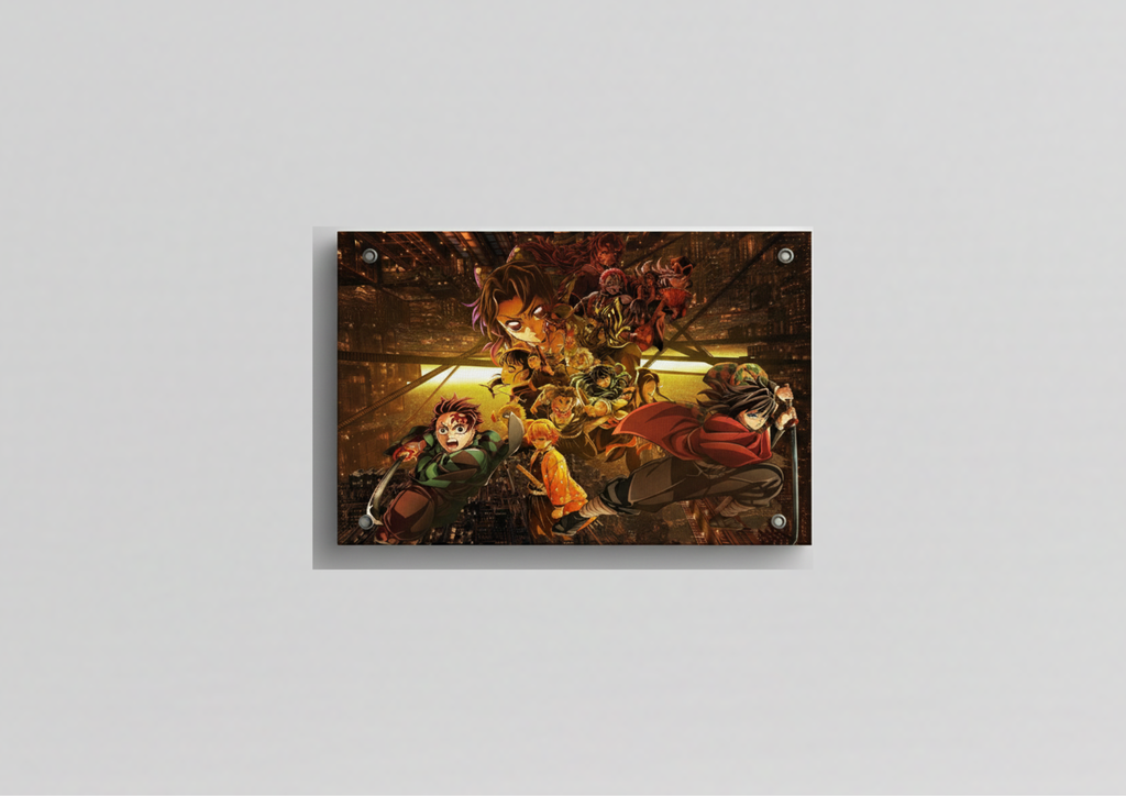Demon Slayer Corps velvet wall tapestry – Tanjiro Zenitsu Inosuke and full corps mid-battle in cinematic golden-lit cityscape