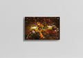 Demon Slayer Corps velvet wall tapestry – Tanjiro Zenitsu Inosuke and full corps mid-battle in cinematic golden-lit cityscape
