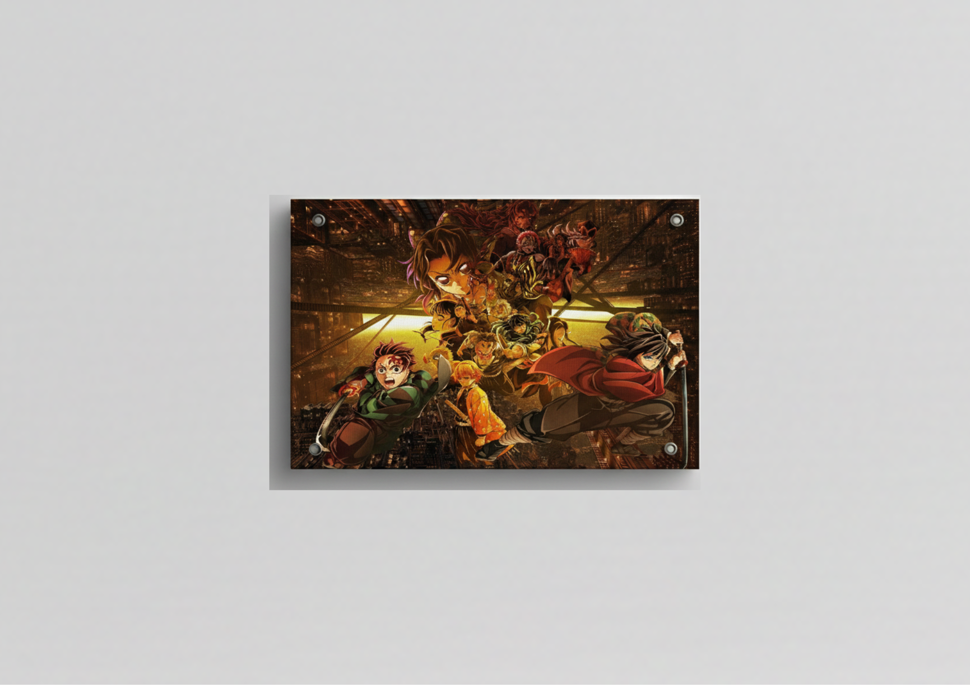 Demon Slayer Corps velvet wall tapestry – Tanjiro Zenitsu Inosuke and full corps mid-battle in cinematic golden-lit cityscape