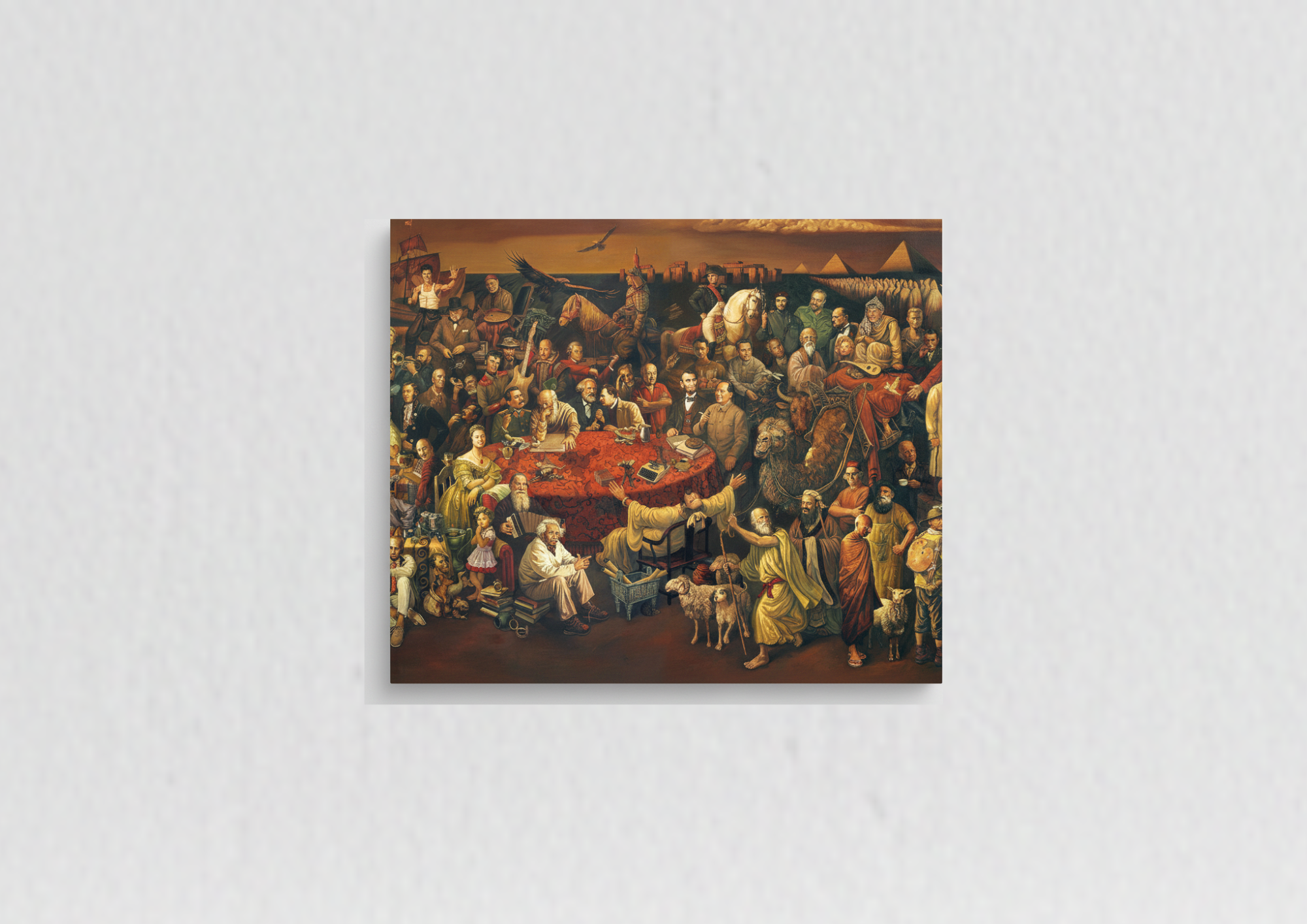 Greatest minds in history velvet wall tapestry – maximalist collage of historical figures in rich color flat product view