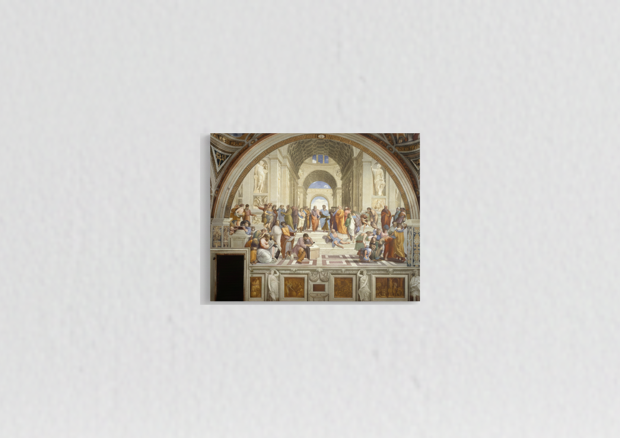 Raphael School of Athens velvet wall tapestry – full Renaissance fresco with philosophers in vivid detail flat product view