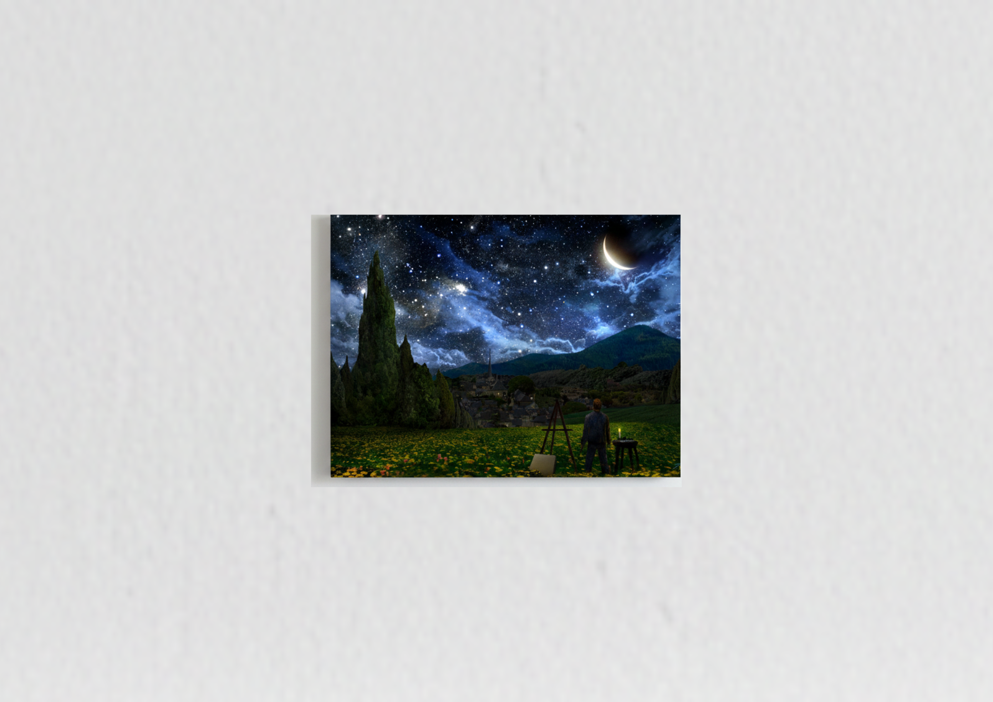 Starry night painter velvet wall tapestry – painter silhouette under dreamy galaxy sky landscape flat product view