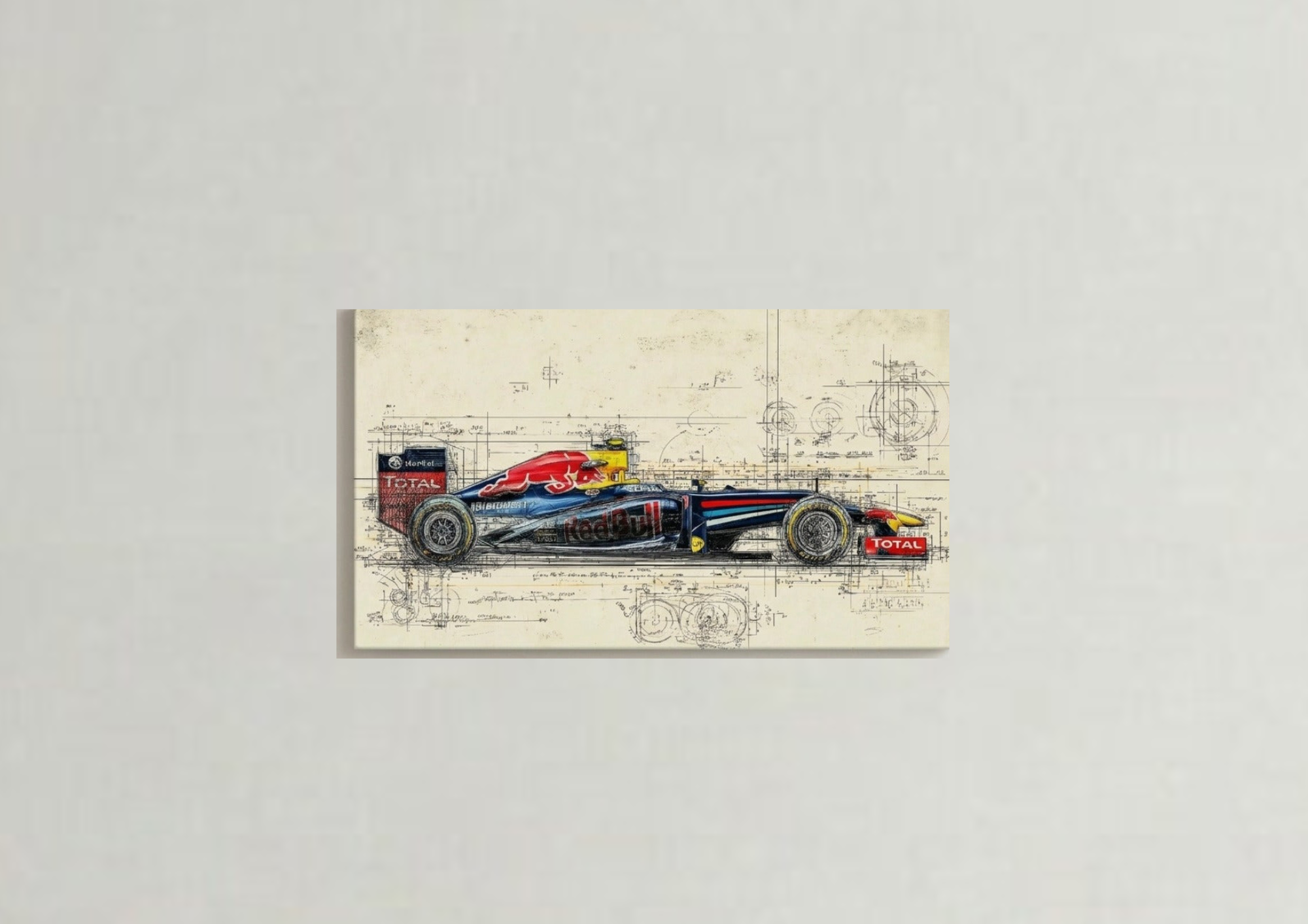 F1 Red Bull side profile blueprint velvet wall tapestry – full side profile blueprint of Red Bull F1 car with gear diagrams flat product view