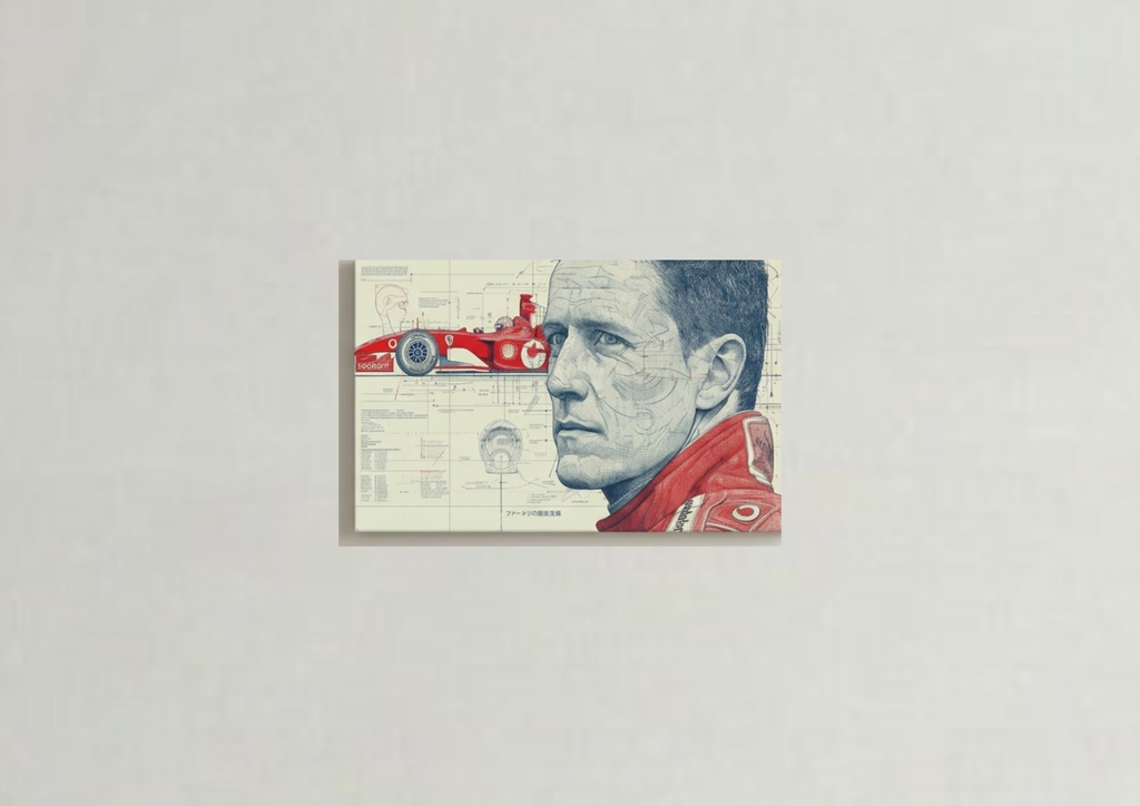 Michael Schumacher F1 blueprint velvet wall tapestry – technical line art portrait with Ferrari car and Japanese annotations on cream background
