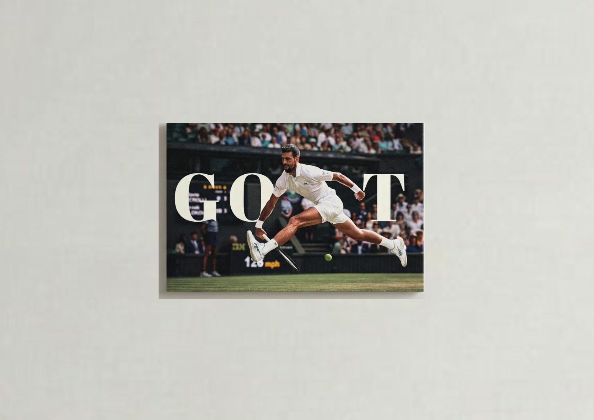 Novak Djokovic GOAT velvet wall tapestry – editorial Wimbledon dive shot with bold GOAT typography in landscape format