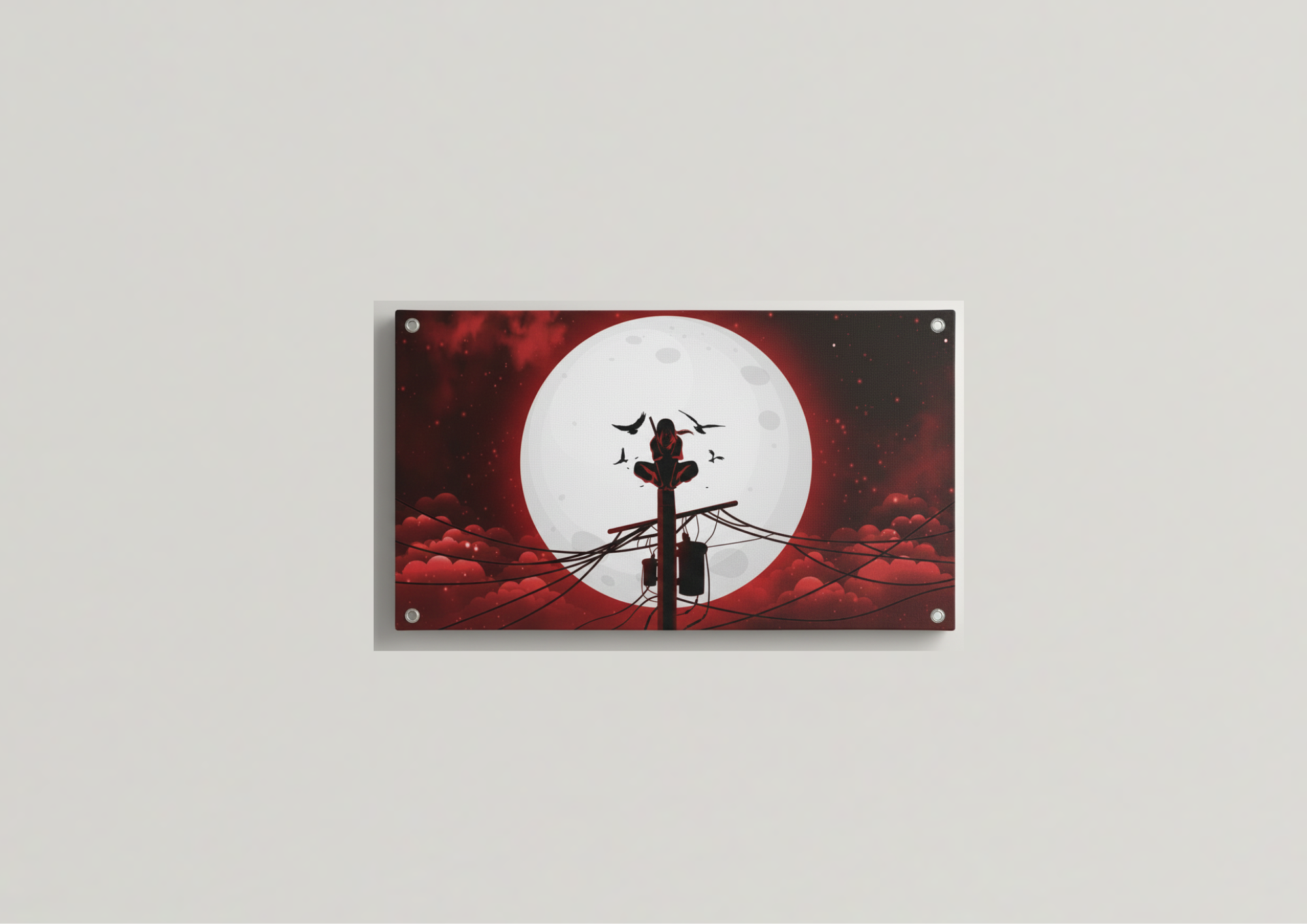 Itachi Uchiha Moon velvet wall tapestry – silhouette perched above the world with crows scattered against a massive white moon and red sky bleeding into night